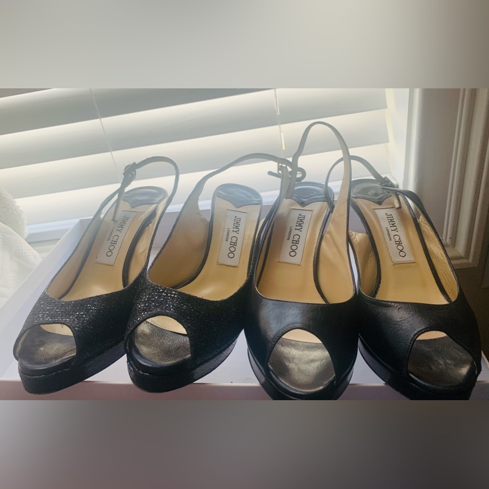 Jimmy Choo Black Set of Slingbacks / Size 36.5/ Glitter and Smooth Soft Leather